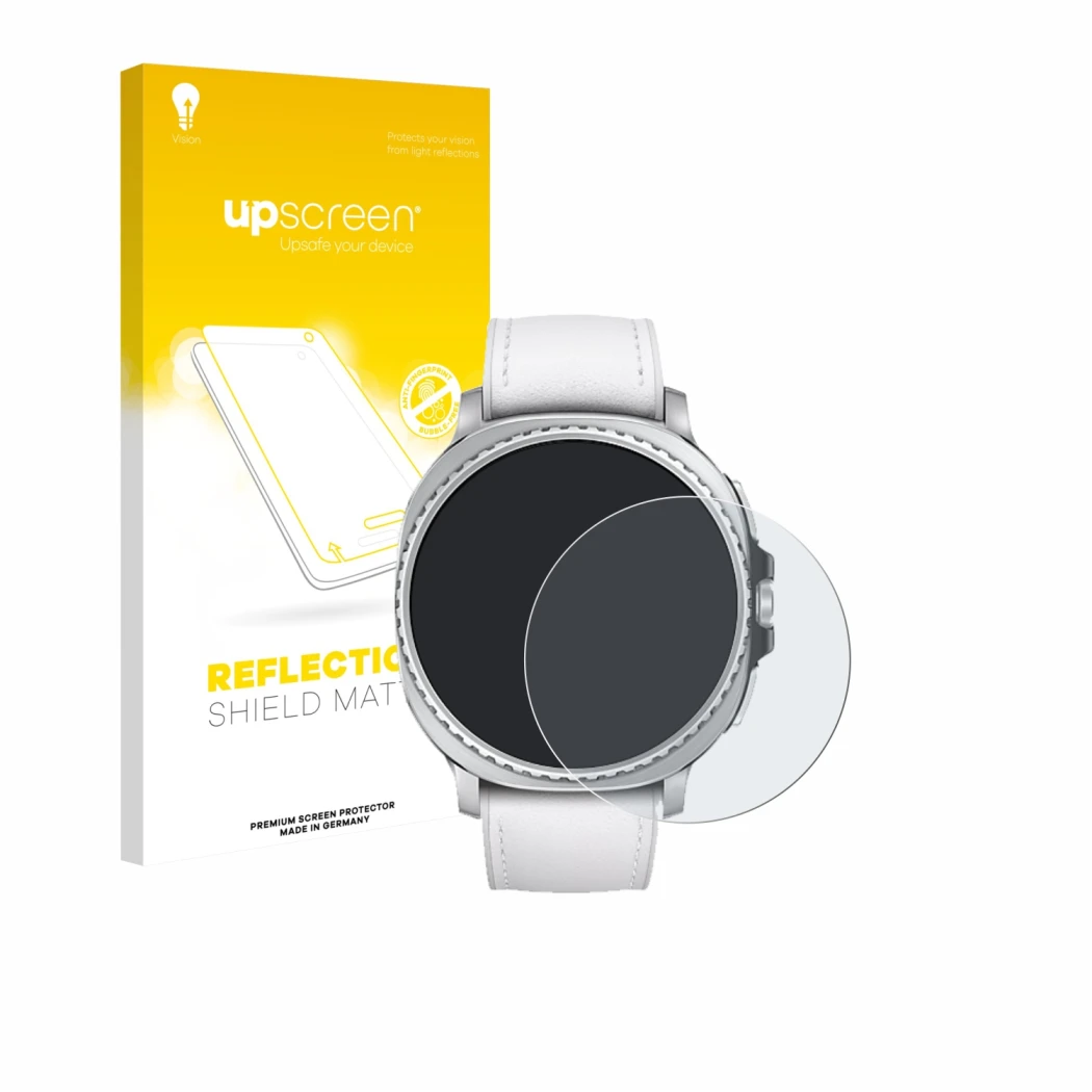 Front side of a product packaging with the brand logo upscreen. Next to it is the device Samsung Galaxy Watch 8 Classic (46 mm