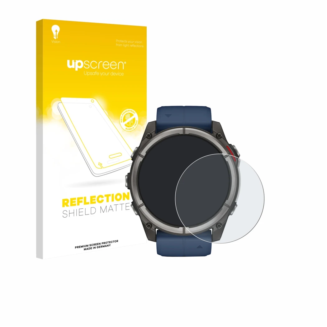 Front side of a product packaging with the brand logo upscreen. Next to it is the device Garmin quatix 8 (51 mm) shown with th