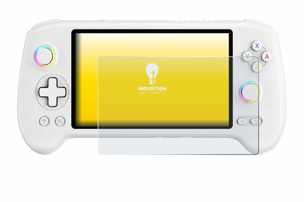 Image of the device Anbernic RG557 with a wide variety of screen protectors.