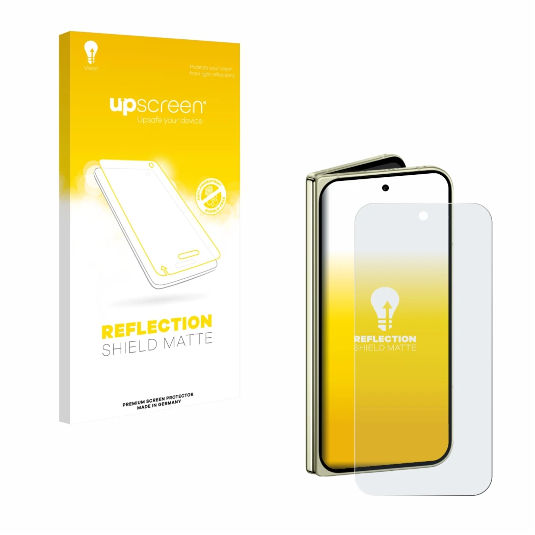 Front side of a product packaging with the brand logo upscreen. Next to it is the device Google Pixel 10 Pro Fold shown with t