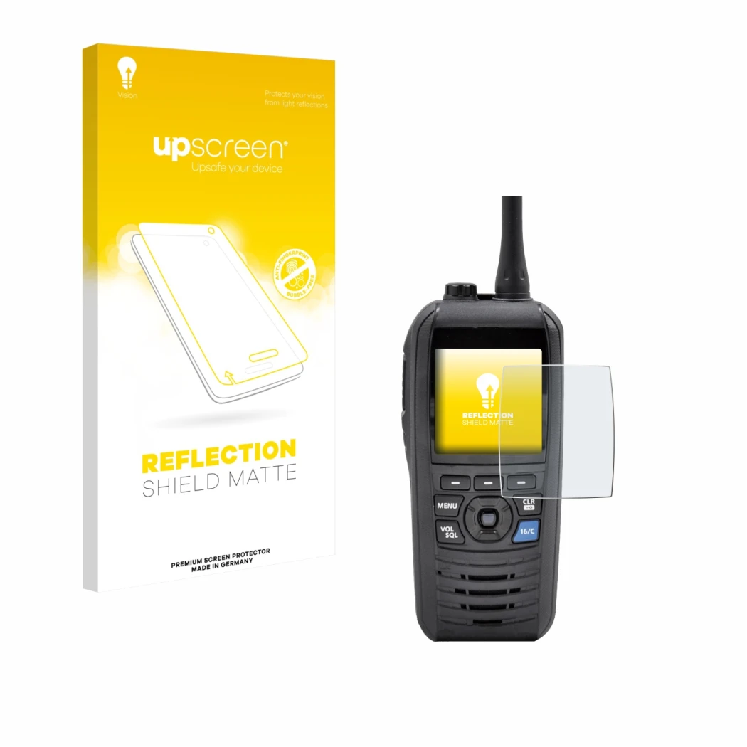 Front side of a product packaging with the brand logo upscreen. Next to it is the device Icom IC-M94D shown with the correspon