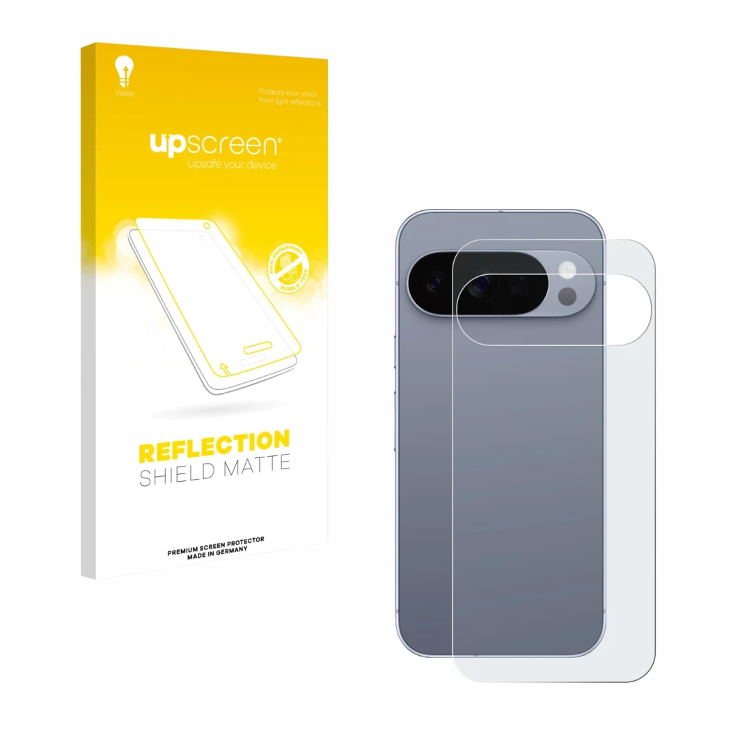 Front side of a product packaging with the brand logo upscreen. Next to it is the device Google Pixel 10 Pro (Back) shown with