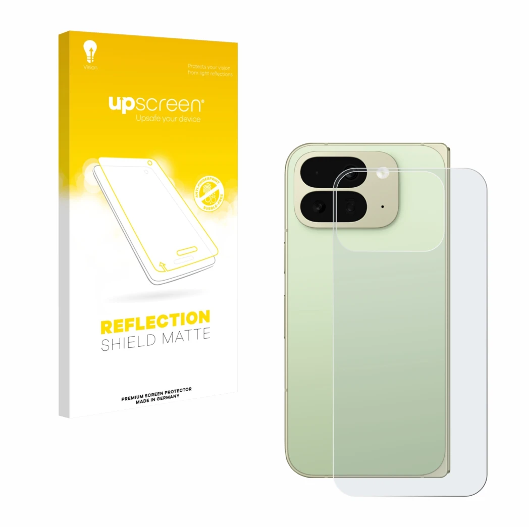 Front side of a product packaging with the brand logo upscreen. Next to it is the device Google Pixel 10 Pro Fold (Back) shown
