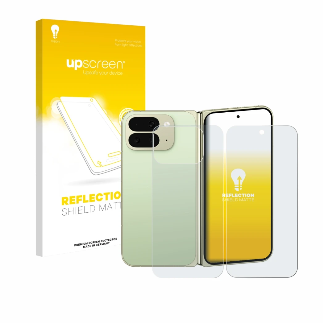 Front side of a product packaging with the brand logo upscreen. Next to it is the device Google Pixel 10 Pro Fold (Front+Back)