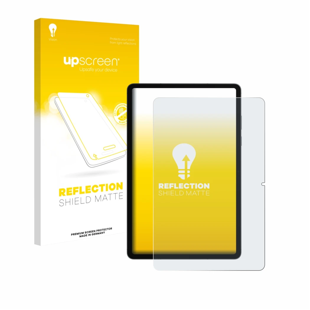 Front side of a product packaging with the brand logo upscreen. Next to it is the device Samsung Galaxy Tab S11 (portrait) sho