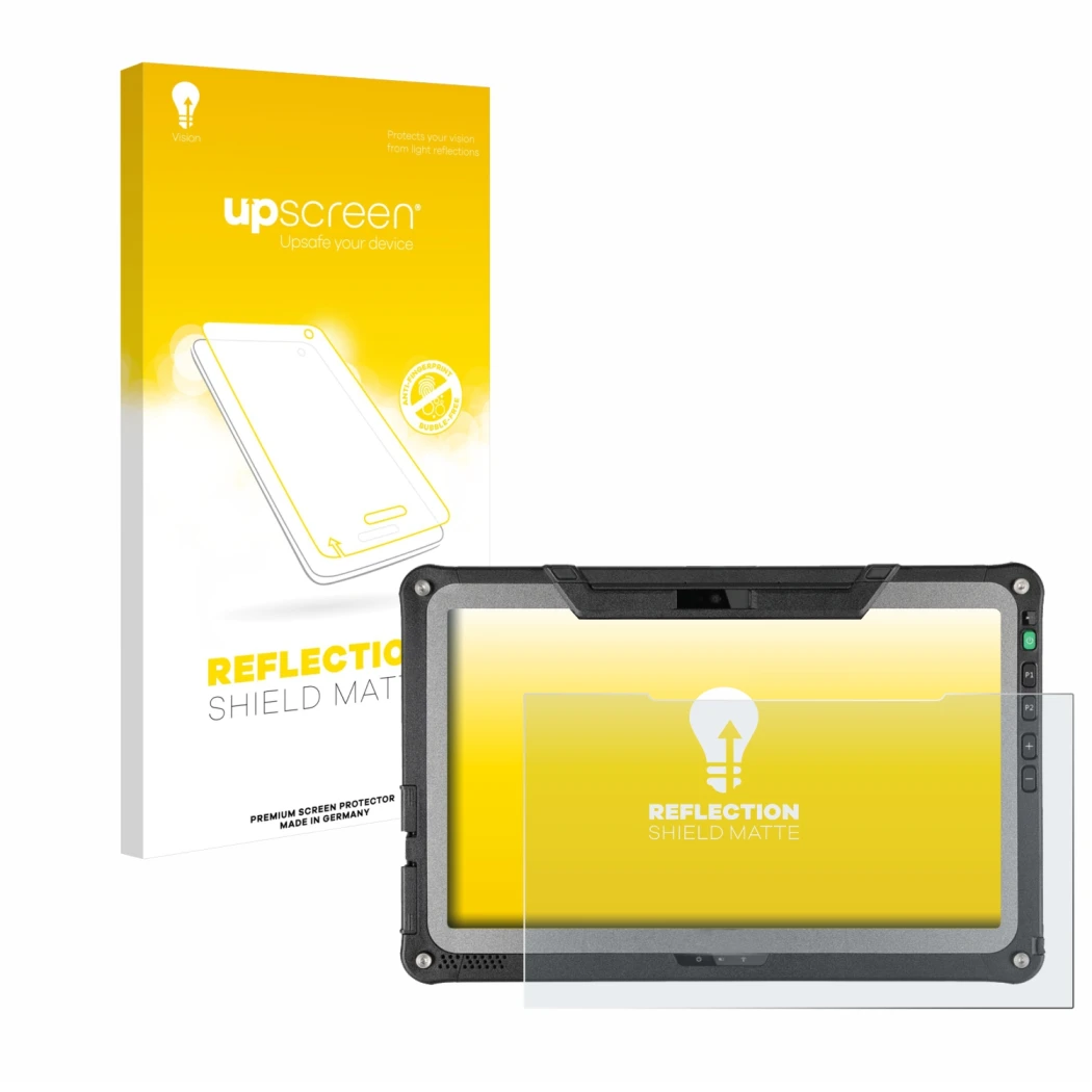 Front side of a product packaging with the brand logo upscreen. Next to it is the device Getac F110 G7 shown with the correspo