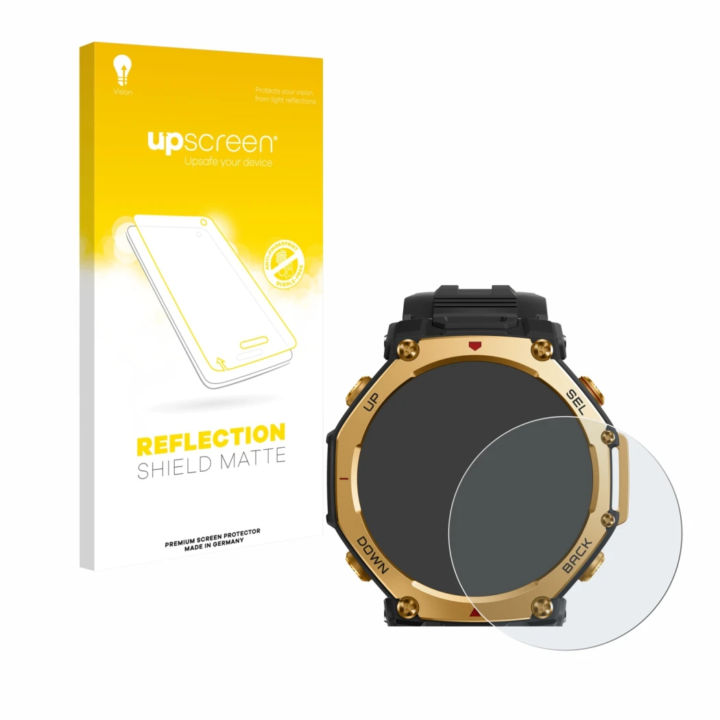 Front side of a product packaging with the brand logo upscreen. Next to it is the device Huami Amazfit T-Rex 3 Pro (48 mm) sho