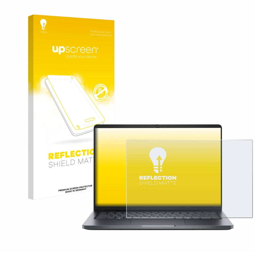 Front side of a product packaging with the brand logo upscreen. Next to it is the device Dell Pro 14 PC14250 shown with the co