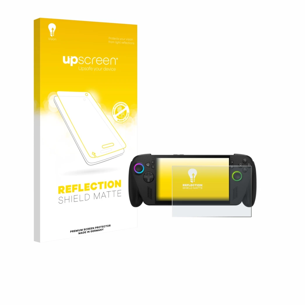 Front side of a product packaging with the brand logo upscreen. Next to it is the device ASUS ROG Ally X 2025 shown with the c