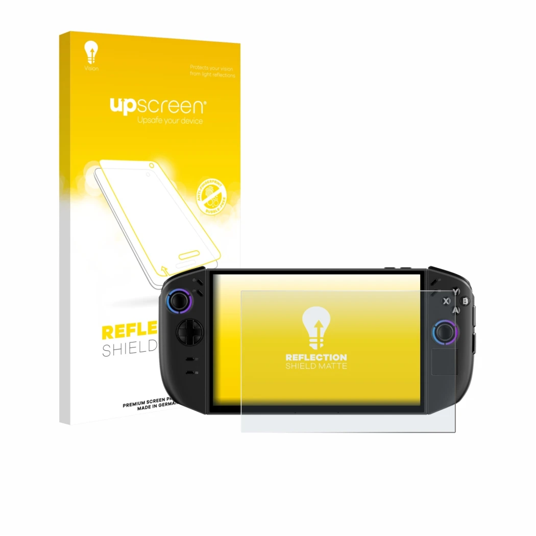 Front side of a product packaging with the brand logo upscreen. Next to it is the device Lenovo Legion Go Gen 2 shown with the