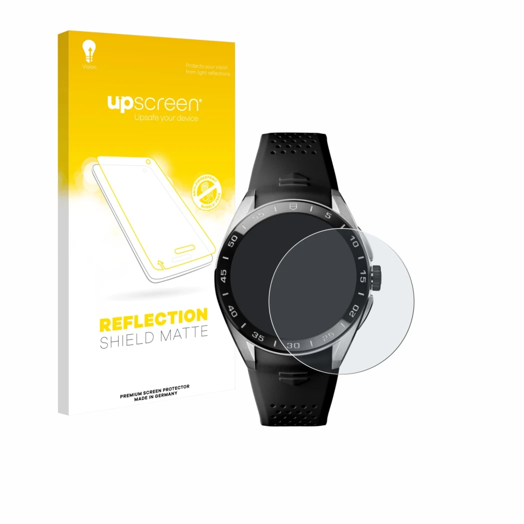 Front side of a product packaging with the brand logo upscreen. Next to it is the device TAG Heuer Connected Calibre E5 (45 mm