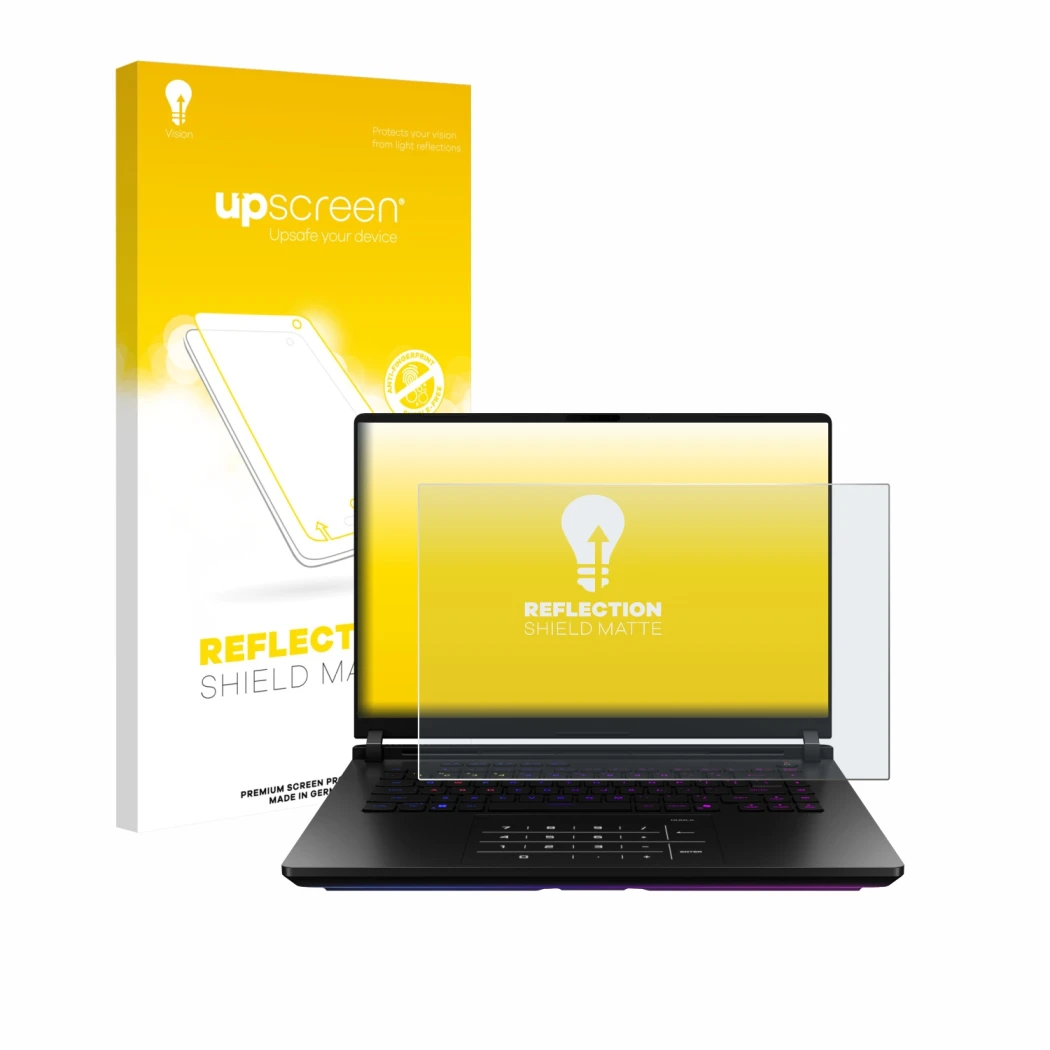 Front side of a product packaging with the brand logo upscreen. Next to it is the device ASUS ROG Strix SCAR 18 2025 shown wit