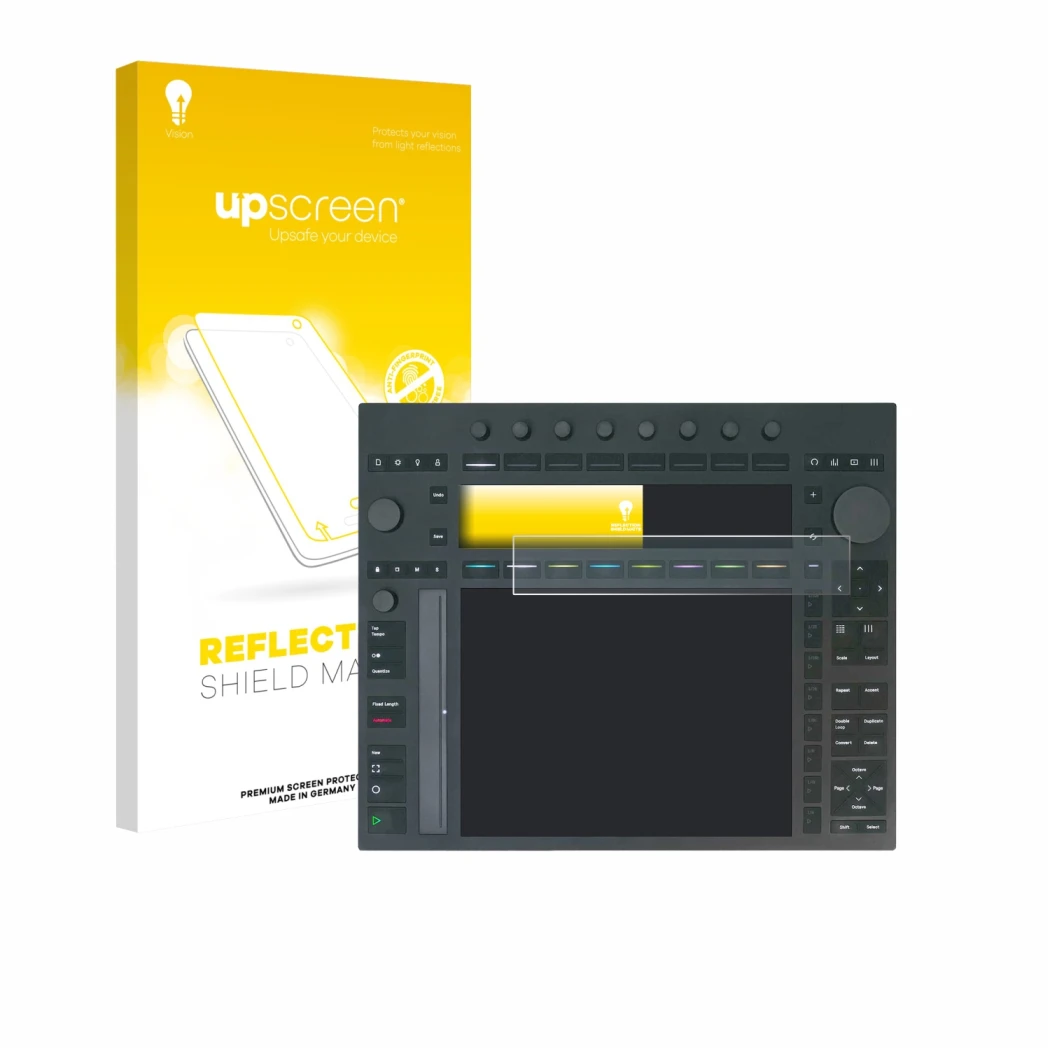 Front side of a product packaging with the brand logo upscreen. Next to it is the device Ableton Push 3 shown with the corresp