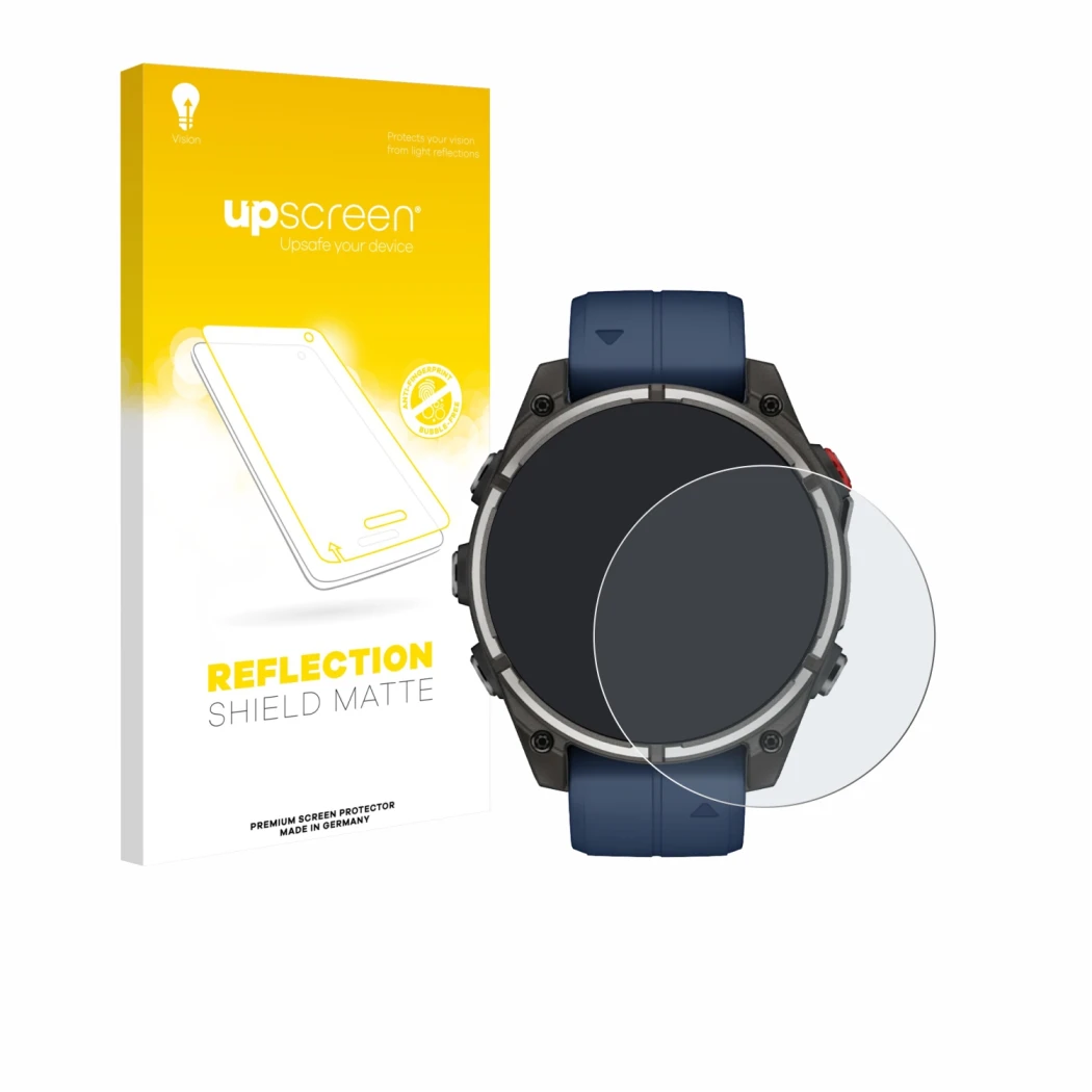 Front side of a product packaging with the brand logo upscreen. Next to it is the device Garmin quatix 8 Pro (47 mm) shown wit