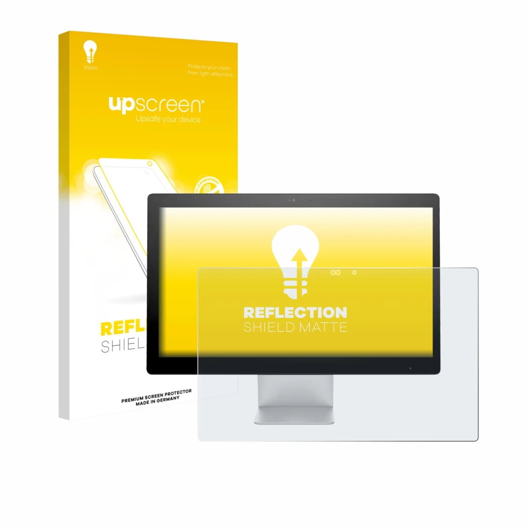 Front side of a product packaging with the brand logo upscreen. Next to it is the device HP Pavilion All-In-One PC 23-q105nf s