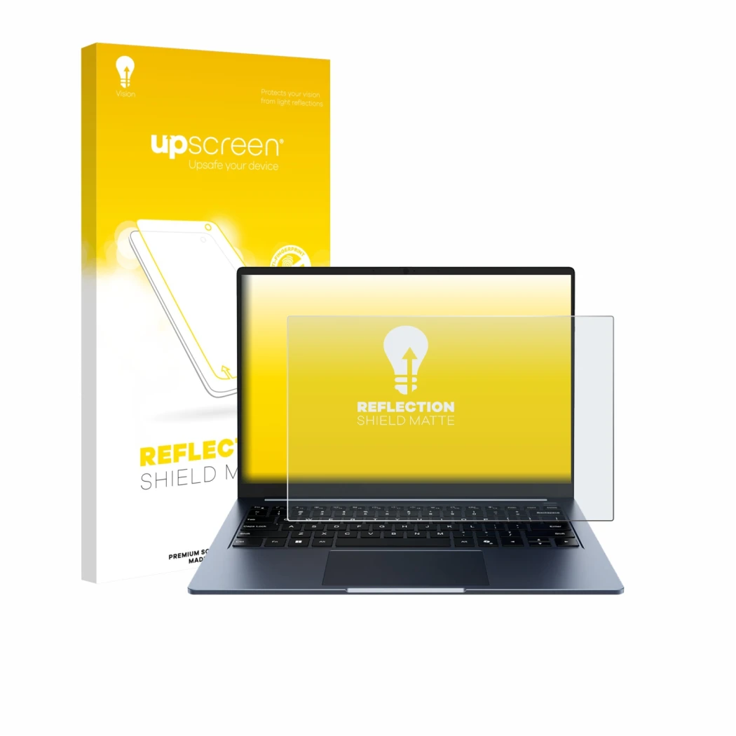 Front side of a product packaging with the brand logo upscreen. Next to it is the device Chuwi CoreBook Air 14