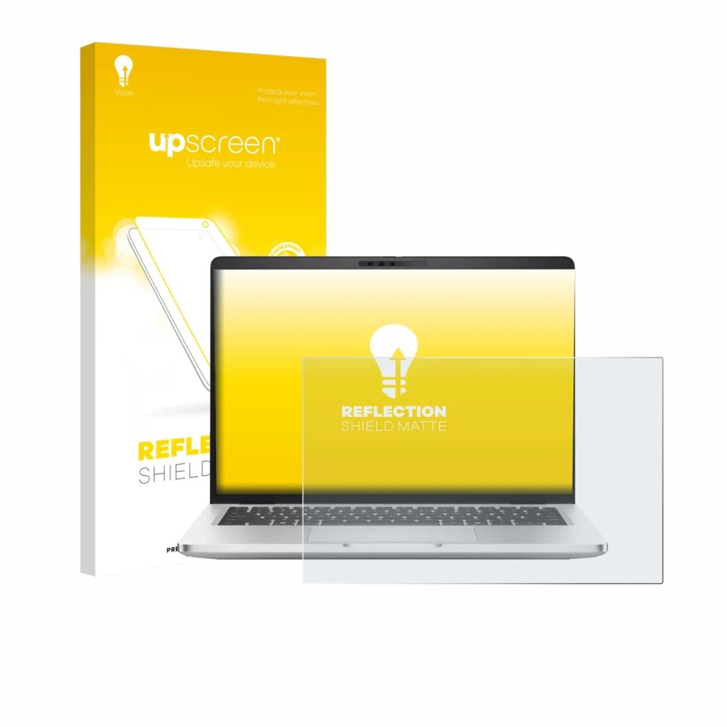 Front side of a product packaging with the brand logo upscreen. Next to it is the device Dell Pro 14 Plus PB14255 shown with t
