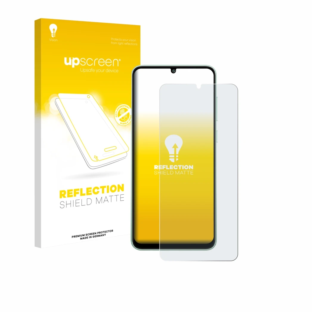 Front side of a product packaging with the brand logo upscreen. Next to it is the device Samsung Galaxy M05 shown with the cor