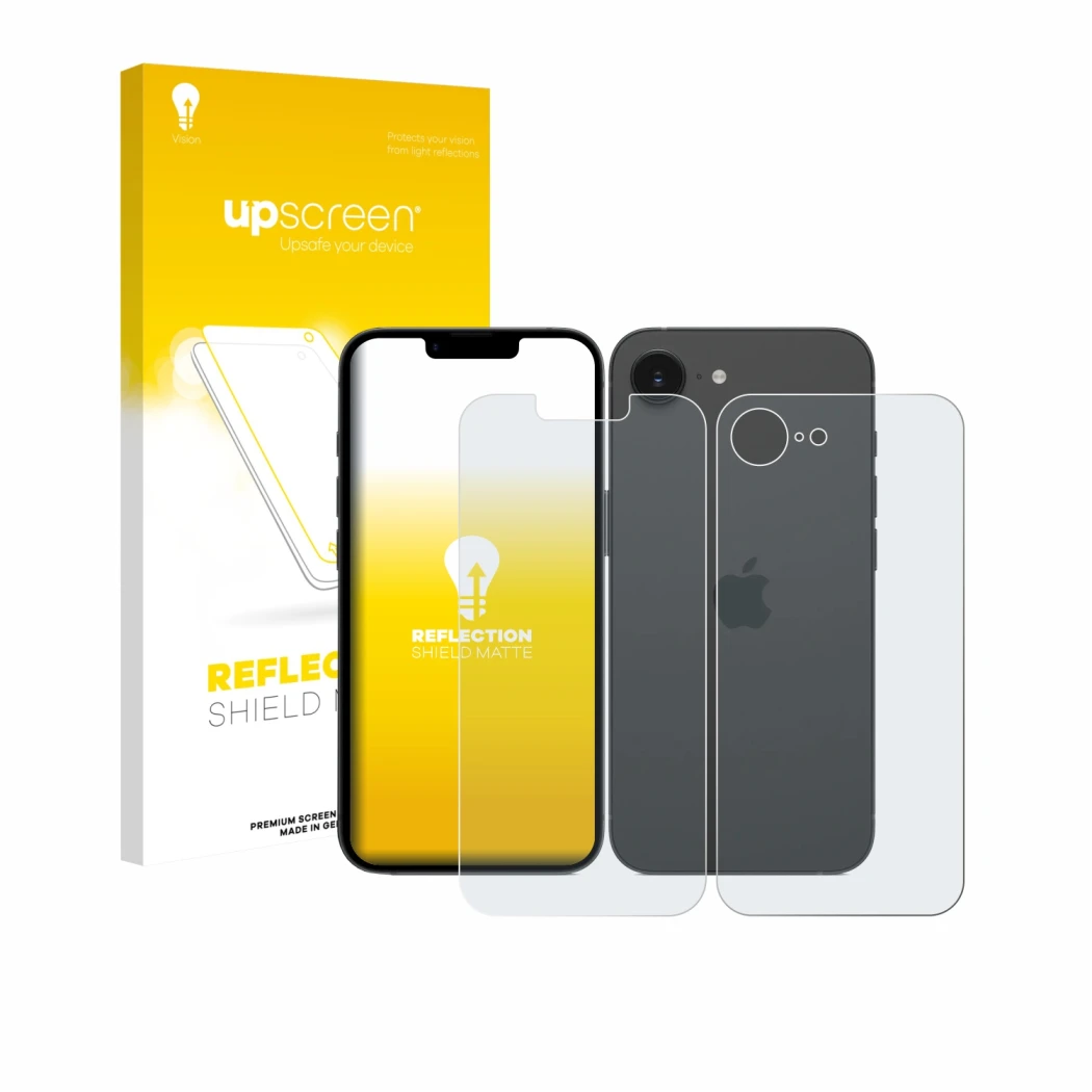 Front side of a product packaging with the brand logo upscreen. Next to it is the device Apple iPhone 17e (Front+Back) shown w
