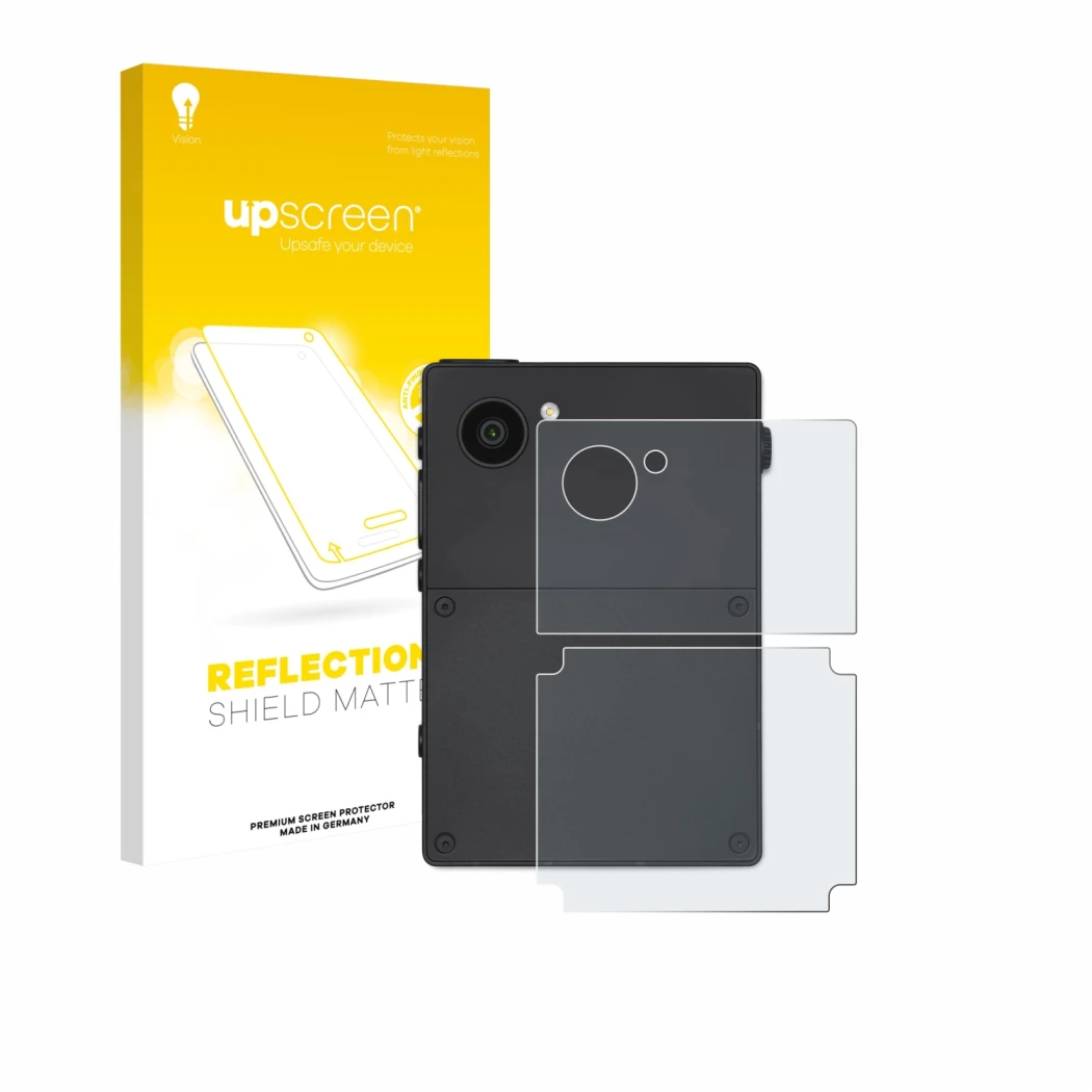 Front side of a product packaging with the brand logo upscreen. Next to it is the device Light Phone 3 (Back) shown with the c