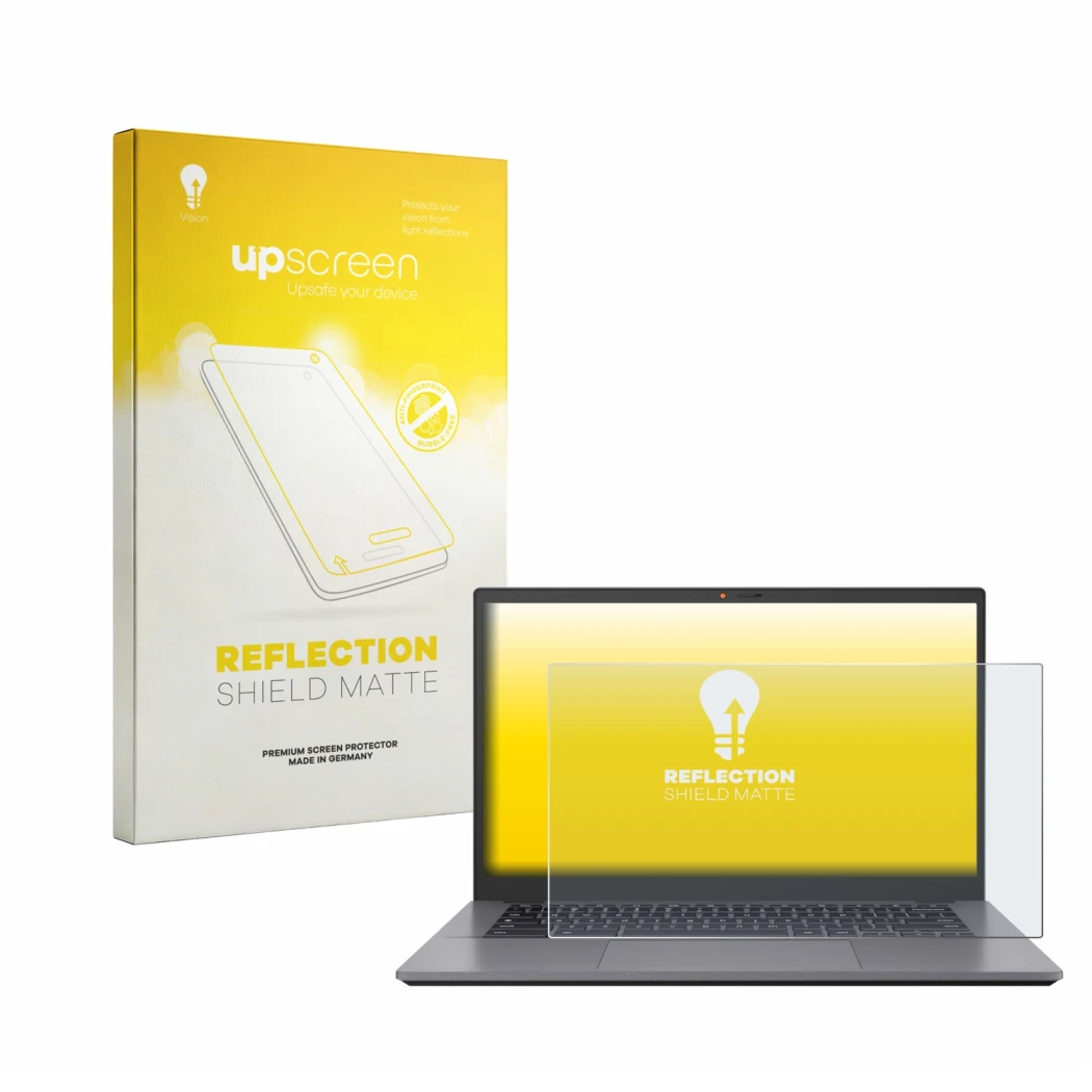Front side of a product packaging with the brand logo upscreen. Next to it is the device ASUS Chromebook CX3402 shown with the
