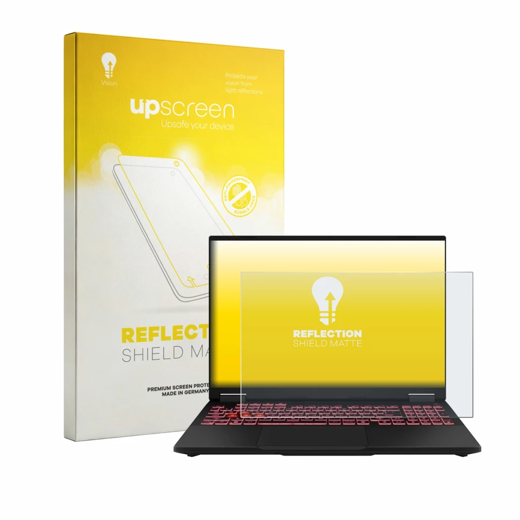 Front side of a product packaging with the brand logo upscreen. Next to it is the device ASUS TUF Gaming F16 FX608 shown with