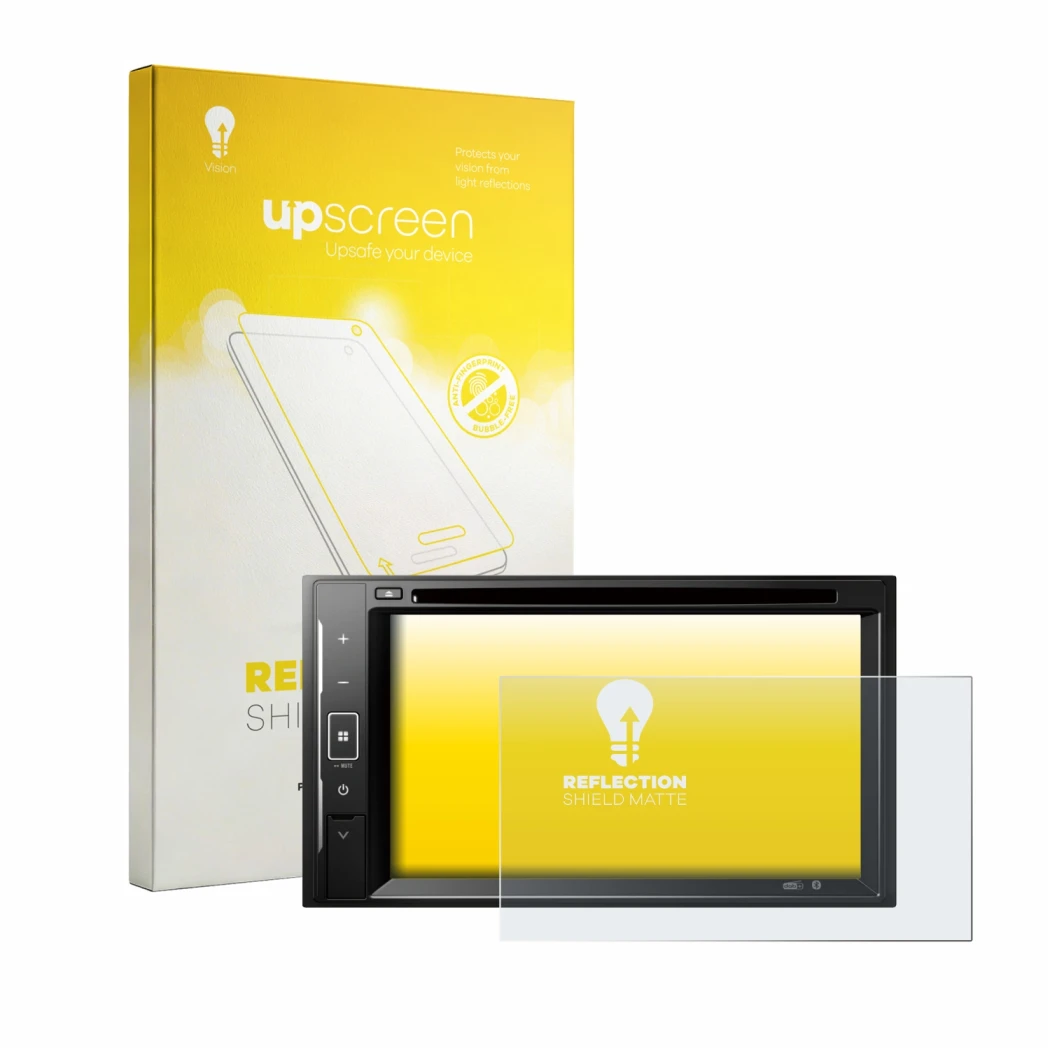 Front side of a product packaging with the brand logo upscreen. Next to it is the device Pioneer DMH-A240DAB shown with the co