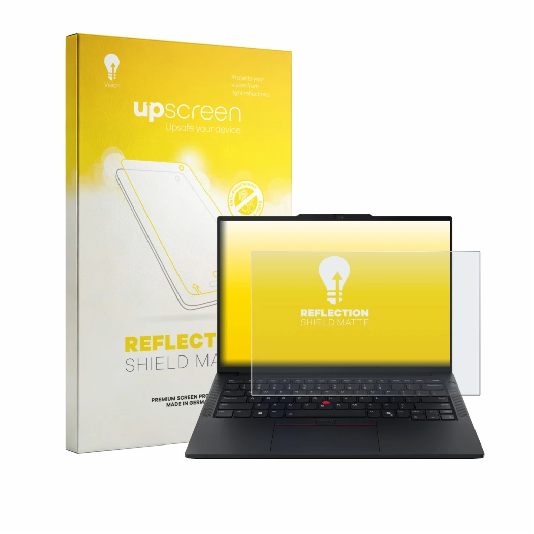 Front side of a product packaging with the brand logo upscreen. Next to it is the device Lenovo ThinkPad E14 Gen 8 shown with 