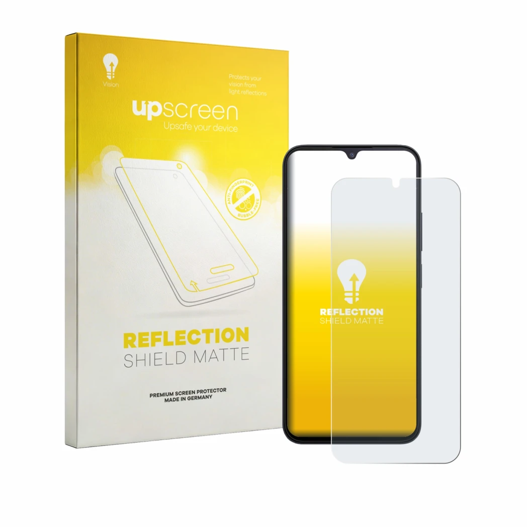 Front side of a product packaging with the brand logo upscreen. Next to it is the device Xiaomi Redmi A7 shown with the corres