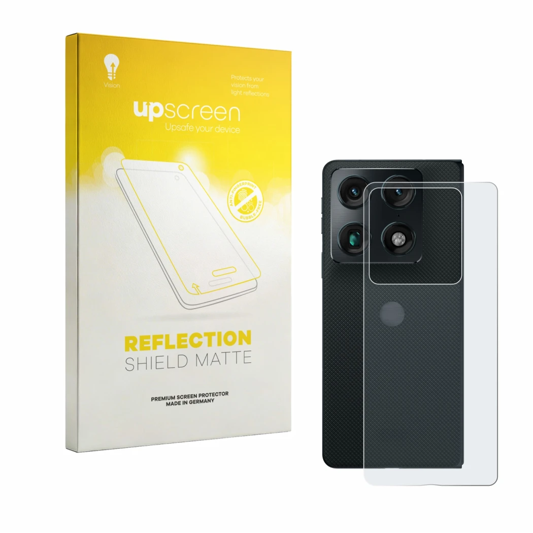 Front side of a product packaging with the brand logo upscreen. Next to it is the device Motorola Razr Fold (Back) shown with 