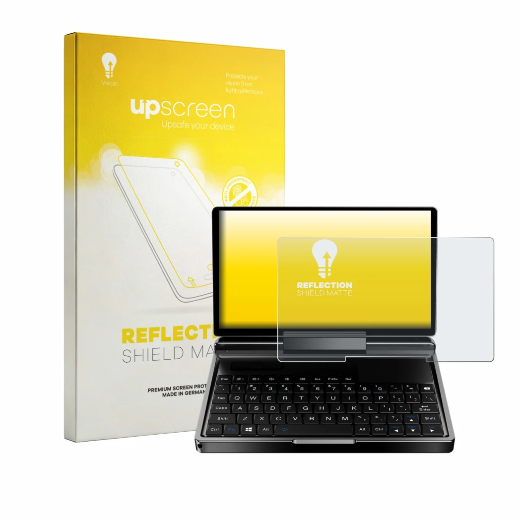 Front side of a product packaging with the brand logo upscreen. Next to it is the device GPD MicroPC 2 shown with the correspo