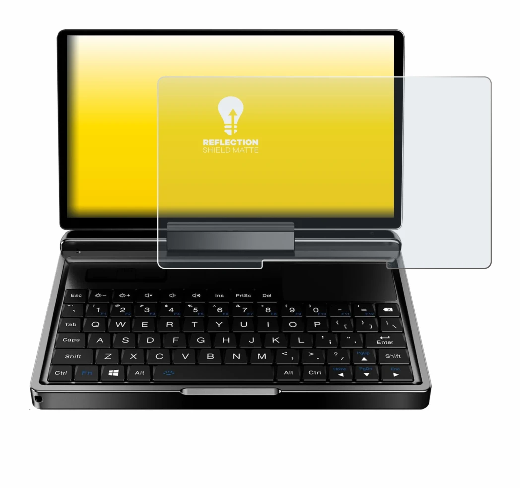 Image of the device GPD MicroPC 2 with a wide variety of screen protectors.