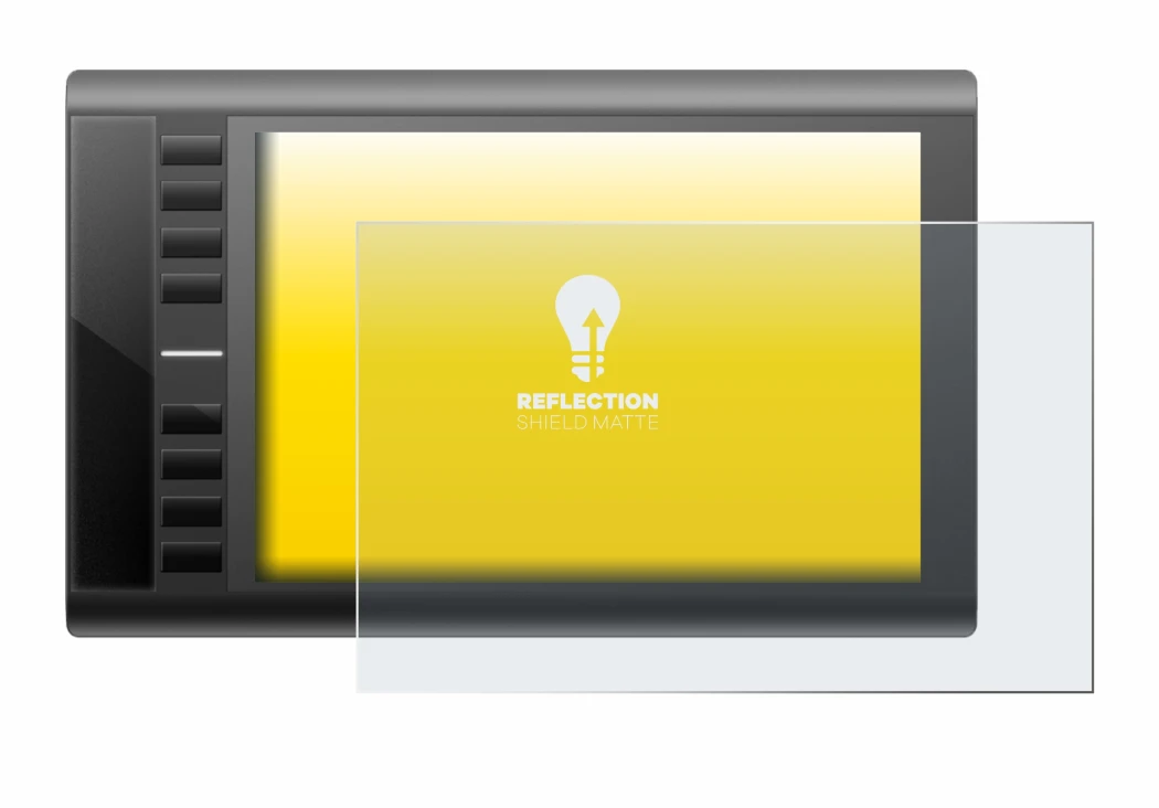 Image of the device Ugee M708 with a wide variety of screen protectors.