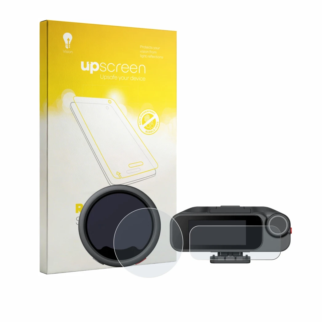 Front side of a product packaging with the brand logo upscreen. Next to it is the device Insta360 Mic Pro TX + RX shown with t