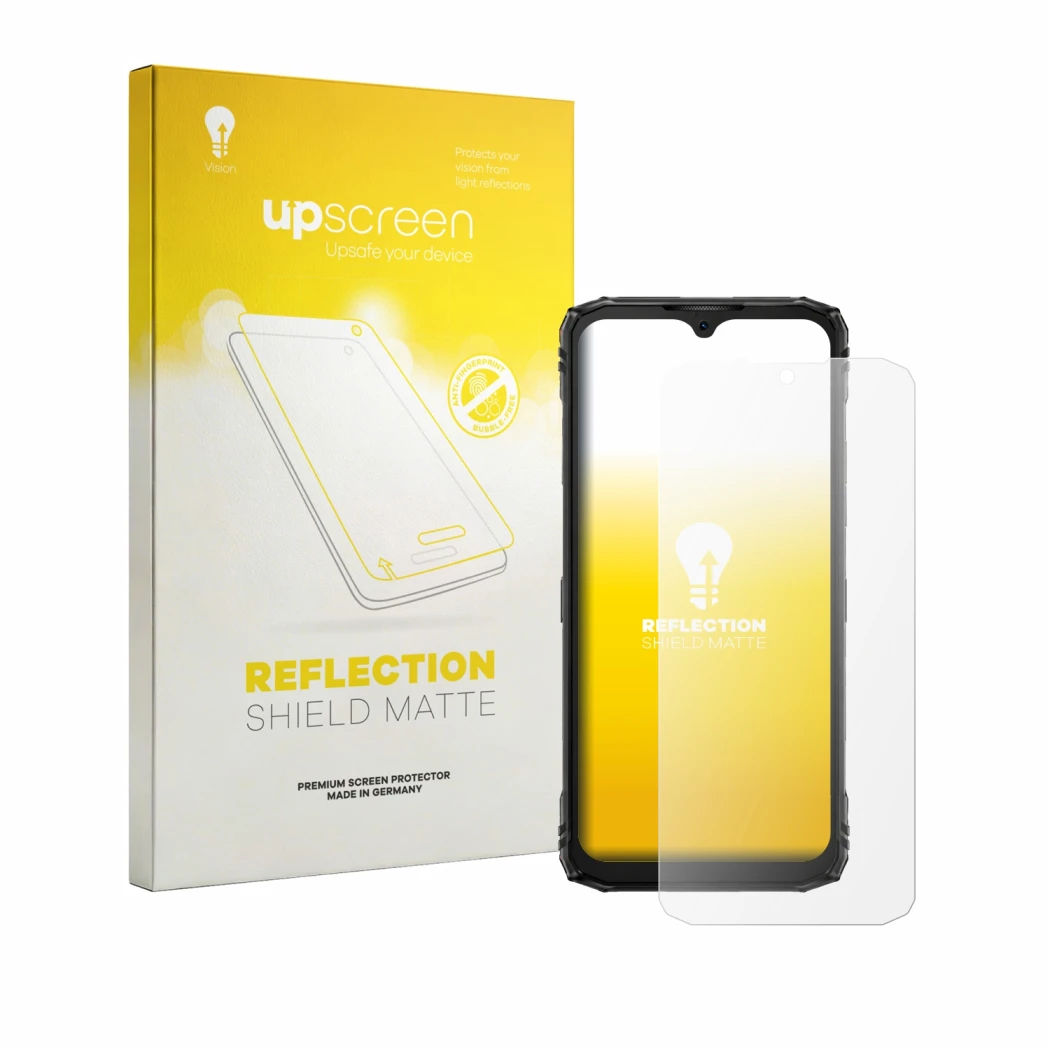 Front side of a product packaging with the brand logo upscreen. Next to it is the device Doogee Blade 10 Pro Energy shown with