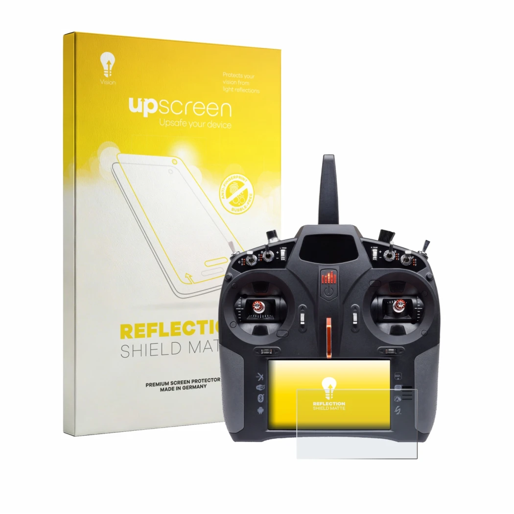 Front side of a product packaging with the brand logo upscreen. Next to it is the device Spektrum iX14 Plus shown with the cor