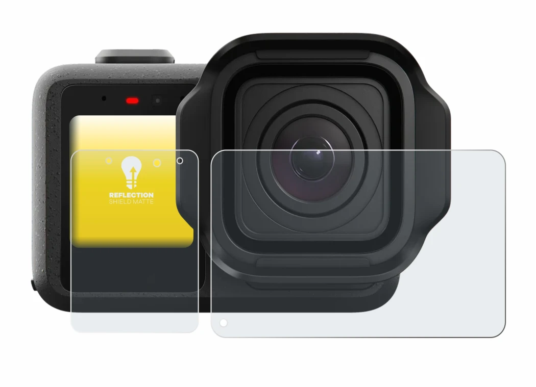 Image of the device GoPro Mission 1 with a wide variety of screen protectors.