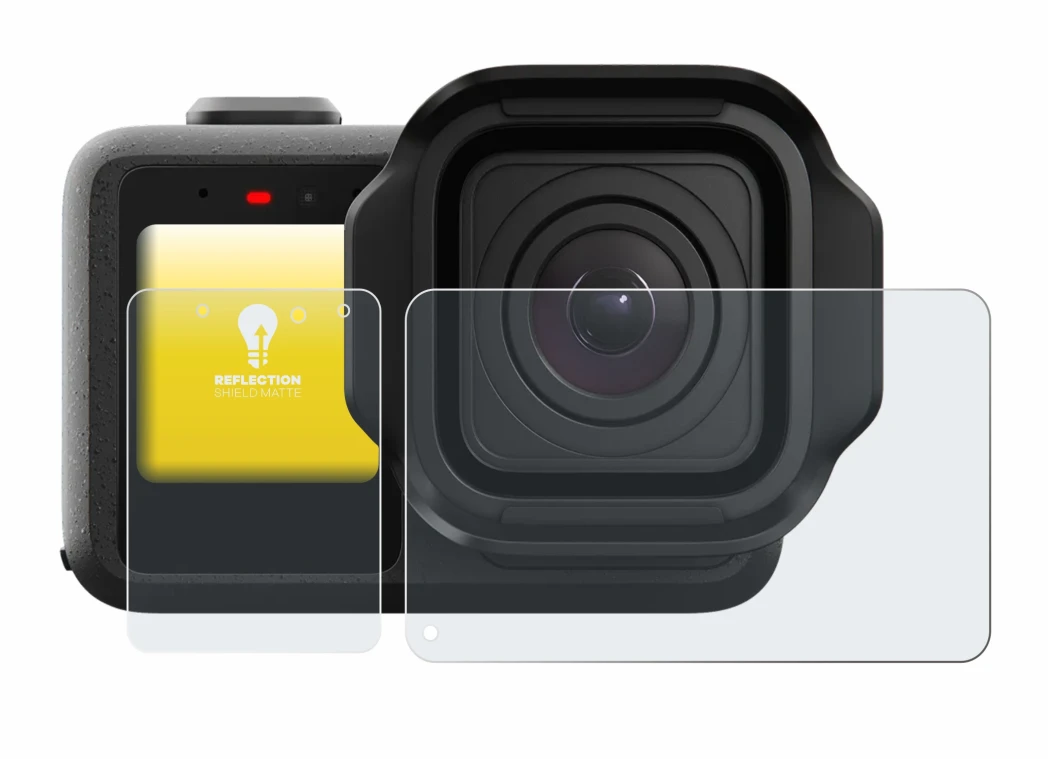 Image of the device GoPro Mission 1 Pro with a wide variety of screen protectors.