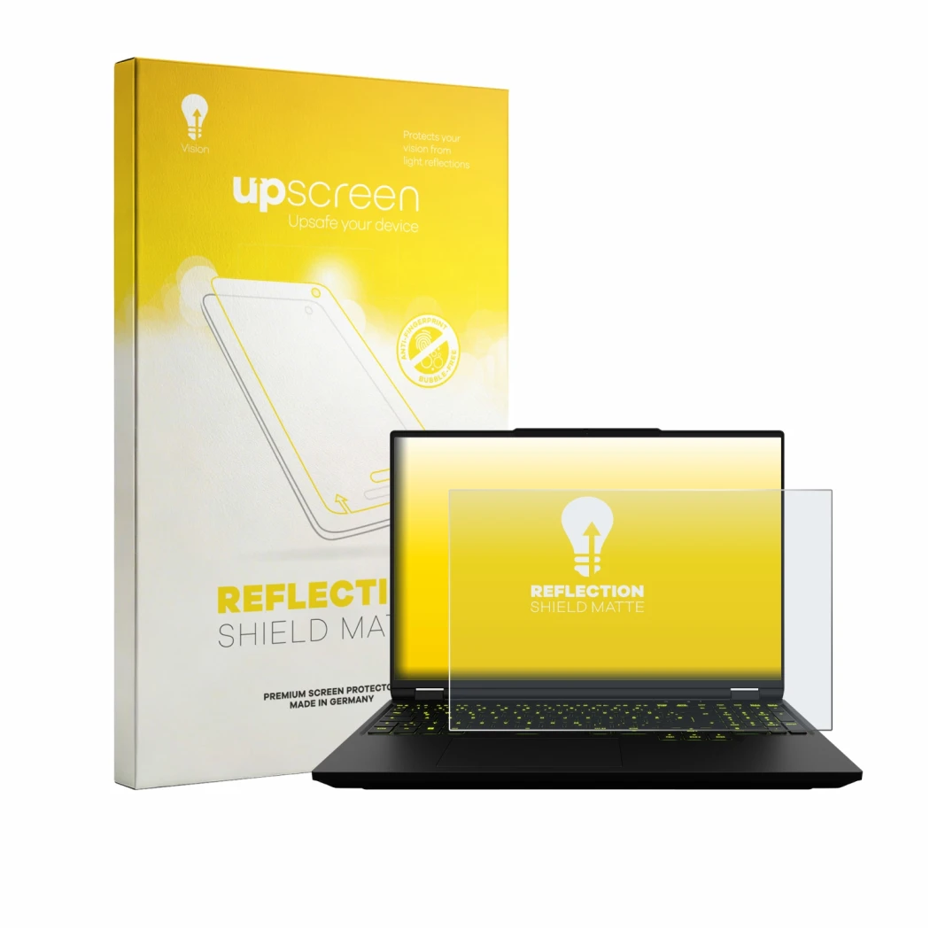 Front side of a product packaging with the brand logo upscreen. Next to it is the device XMG Neo 16 shown with the correspondi