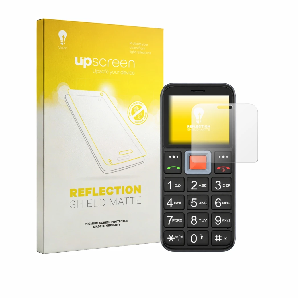 Front side of a product packaging with the brand logo upscreen. Next to it is the device Easyfone Prime A5 shown with the corr