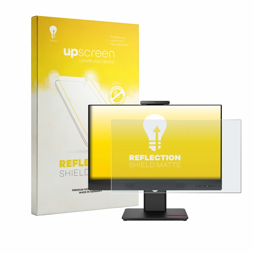 Front side of a product packaging with the brand logo upscreen. Next to it is the device Lenovo ThinkCentre TIO24 Gen 6 shown
