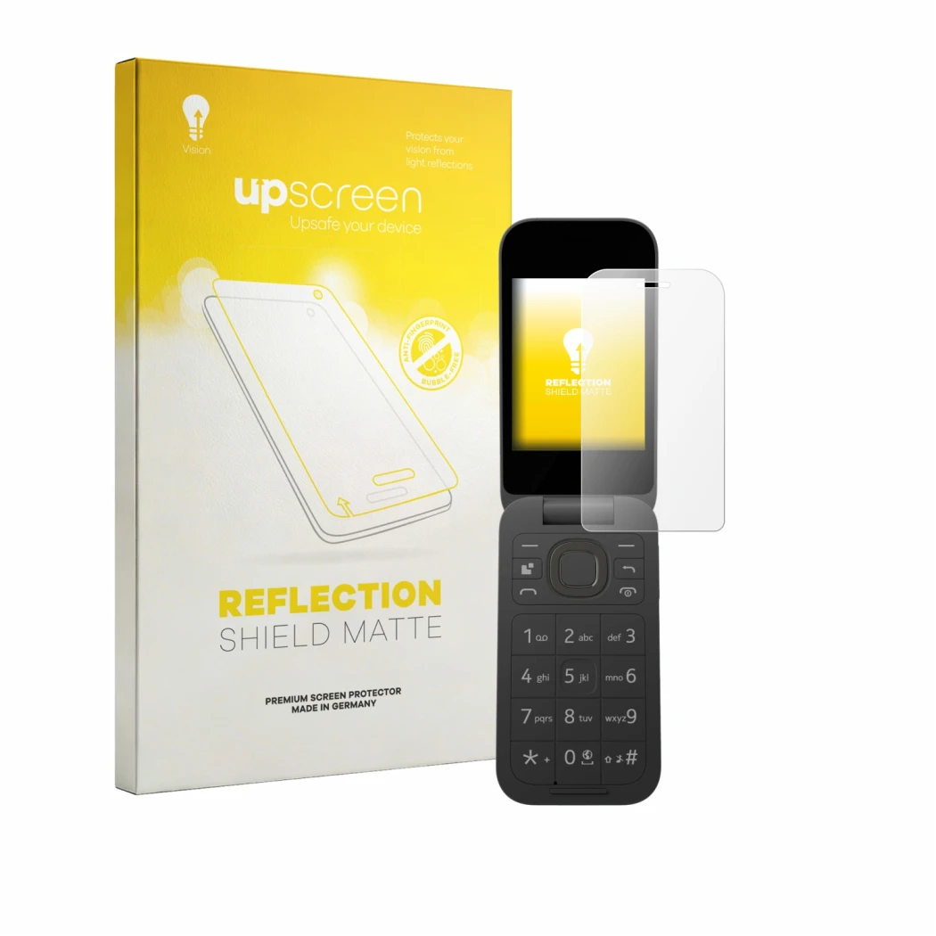 Front side of a product packaging with the brand logo upscreen. Next to it is the device HMD 2660 Flip 4G shown with the corre