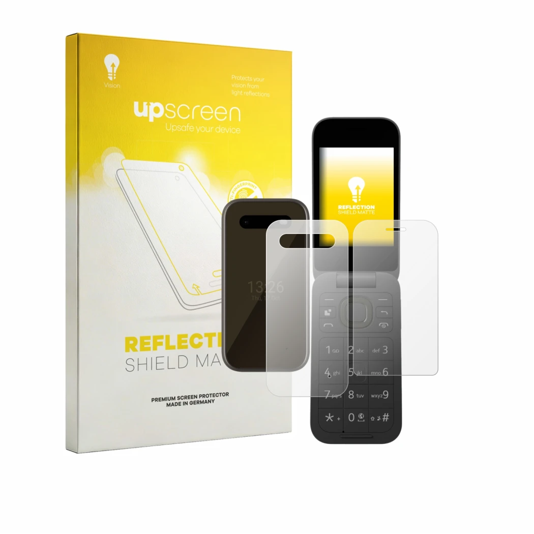 Front side of a product packaging with the brand logo upscreen. Next to it is the device HMD 2660 Flip 4G (Front+Back) shown w