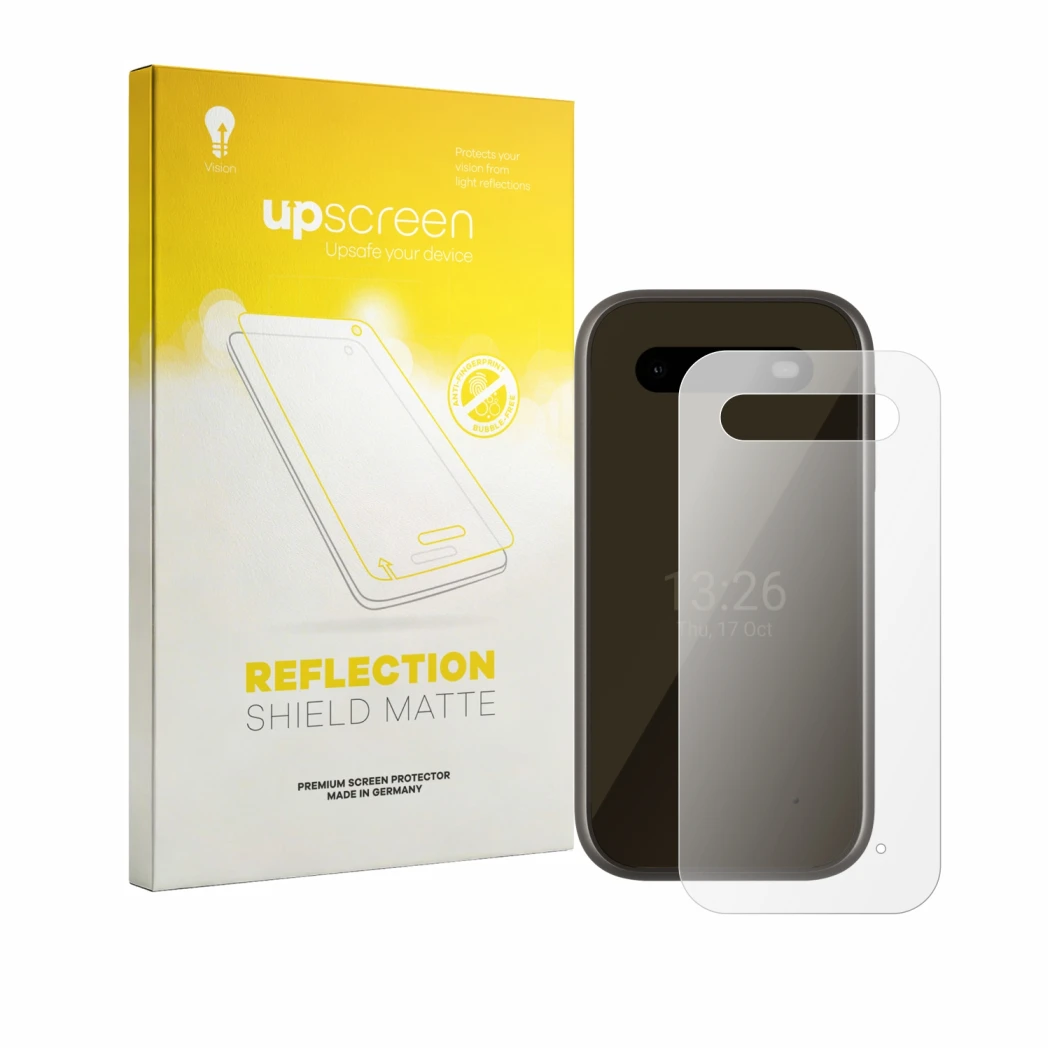 Front side of a product packaging with the brand logo upscreen. Next to it is the device HMD 2660 Flip 4G (Back) shown with th