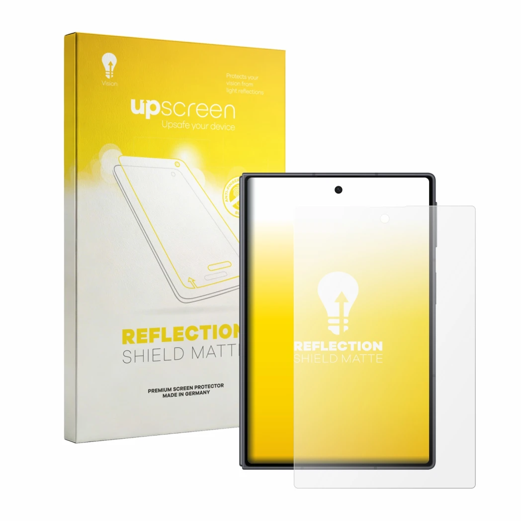 Front side of a product packaging with the brand logo upscreen. Next to it is the device Samsung Galaxy Z Fold 8 shown with th