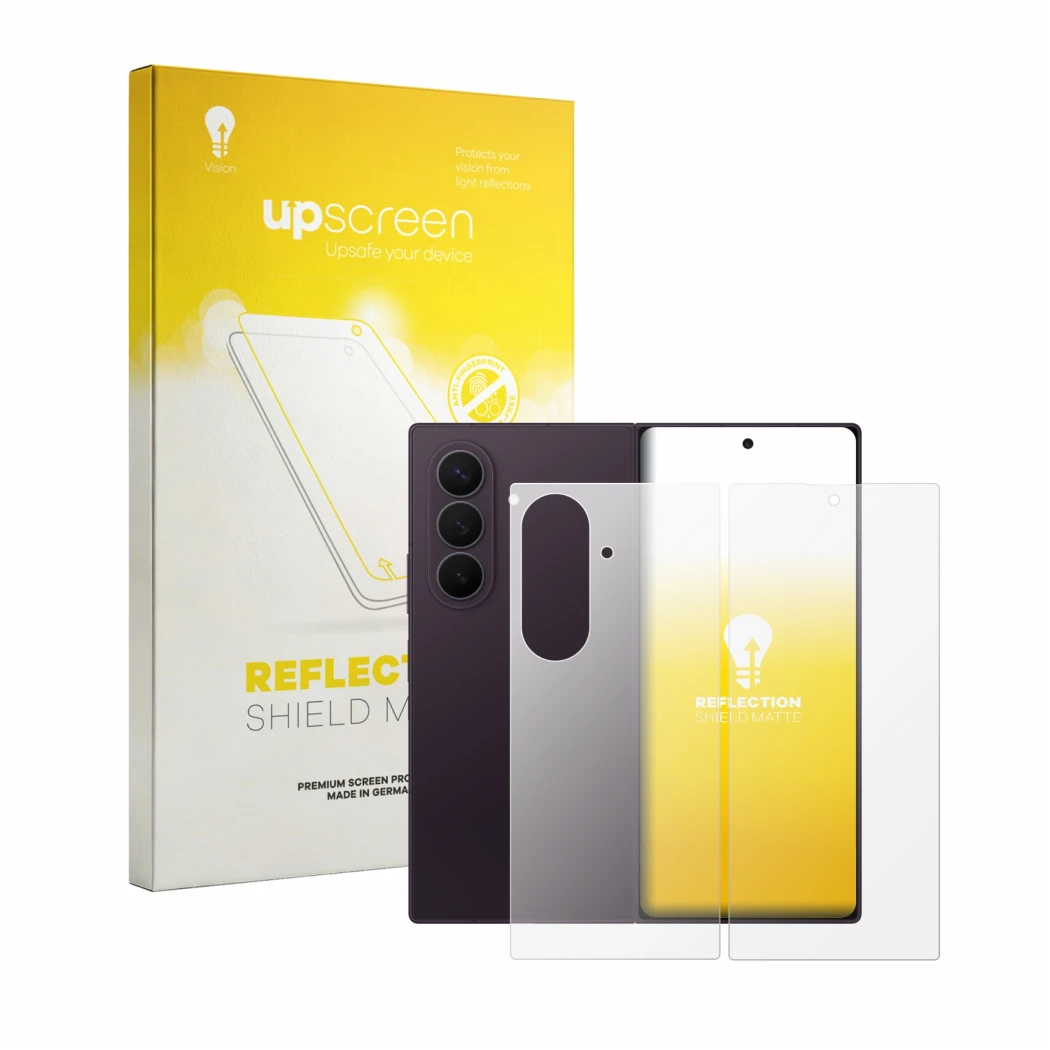 Front side of a product packaging with the brand logo upscreen. Next to it is the device Samsung Galaxy Z Fold 8 Ultra (Front+