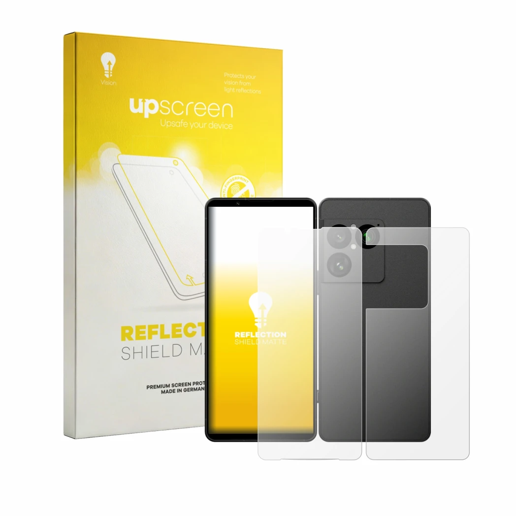 Front side of a product packaging with the brand logo upscreen. Next to it is the device Sony Xperia 1 VIII (Front+Back) shown