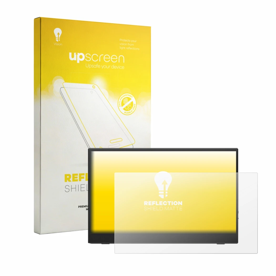 Front side of a product packaging with the brand logo upscreen. Next to it is the device UFYQL M156F04 15.6