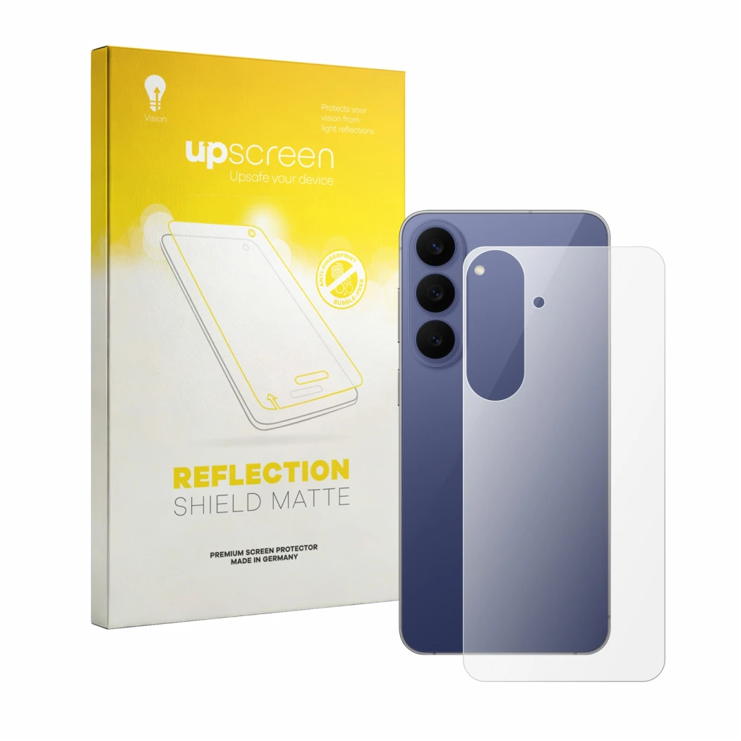 Front side of a product packaging with the brand logo upscreen. Next to it is the device Samsung Galaxy S26 FE (Back) shown wi