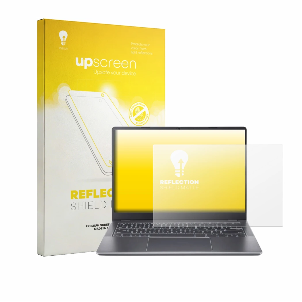 Front side of a product packaging with the brand logo upscreen. Next to it is the device Acer Chromebook Plus Enterprise 514 s
